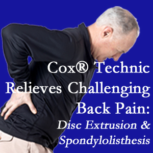 Auburn chiropractic care with Cox Technic relieves back pain due to a painful combination of a disc extrusion and a spondylolytic spondylolisthesis.